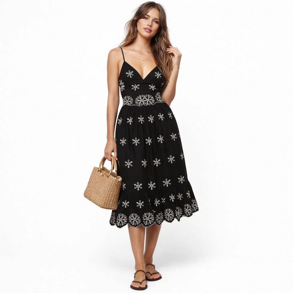 Zara Black Embroidered Tie-Back Midi‎ Dress XS